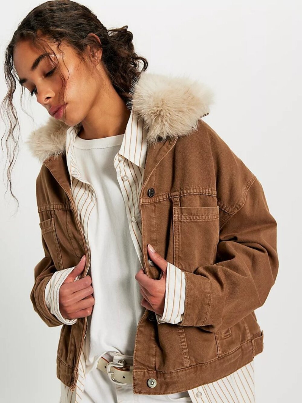 Free People Opal Swing Denim Jacket REMOVABLE Faux Fur Collar XL MOCHA NWT